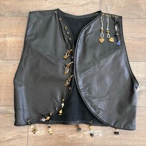 Hand Crafted Leather Vest Women's Open Front Cropped Black with Beads